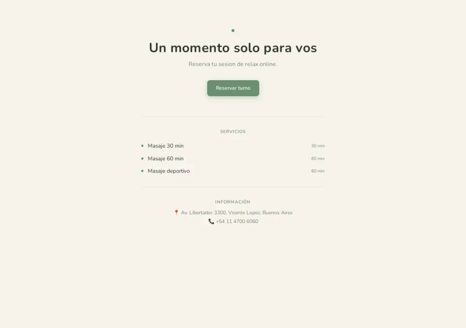 Vista previa de la página de reservas de Masajes