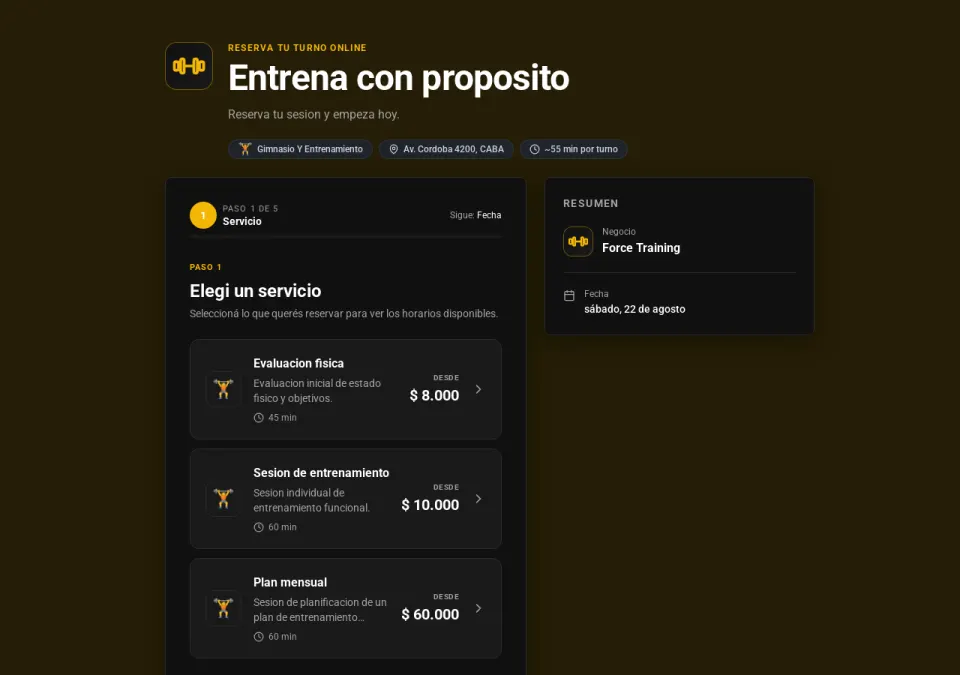 Vista previa de la página de reservas de Personal Trainer