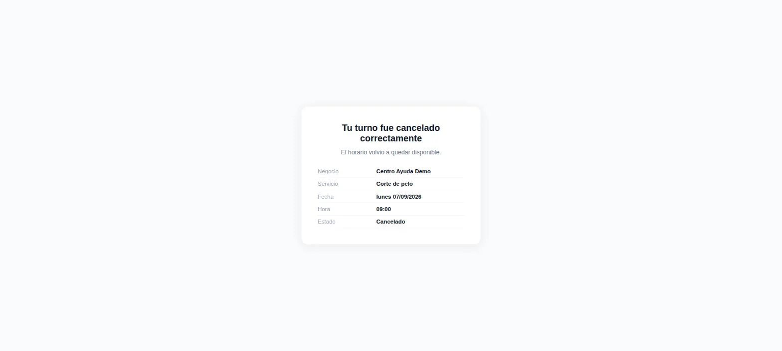 Una vez confirmado, el cliente ve la pantalla de "Tu turno fue cancelado correctamente" y el horario vuelve a quedar disponible.