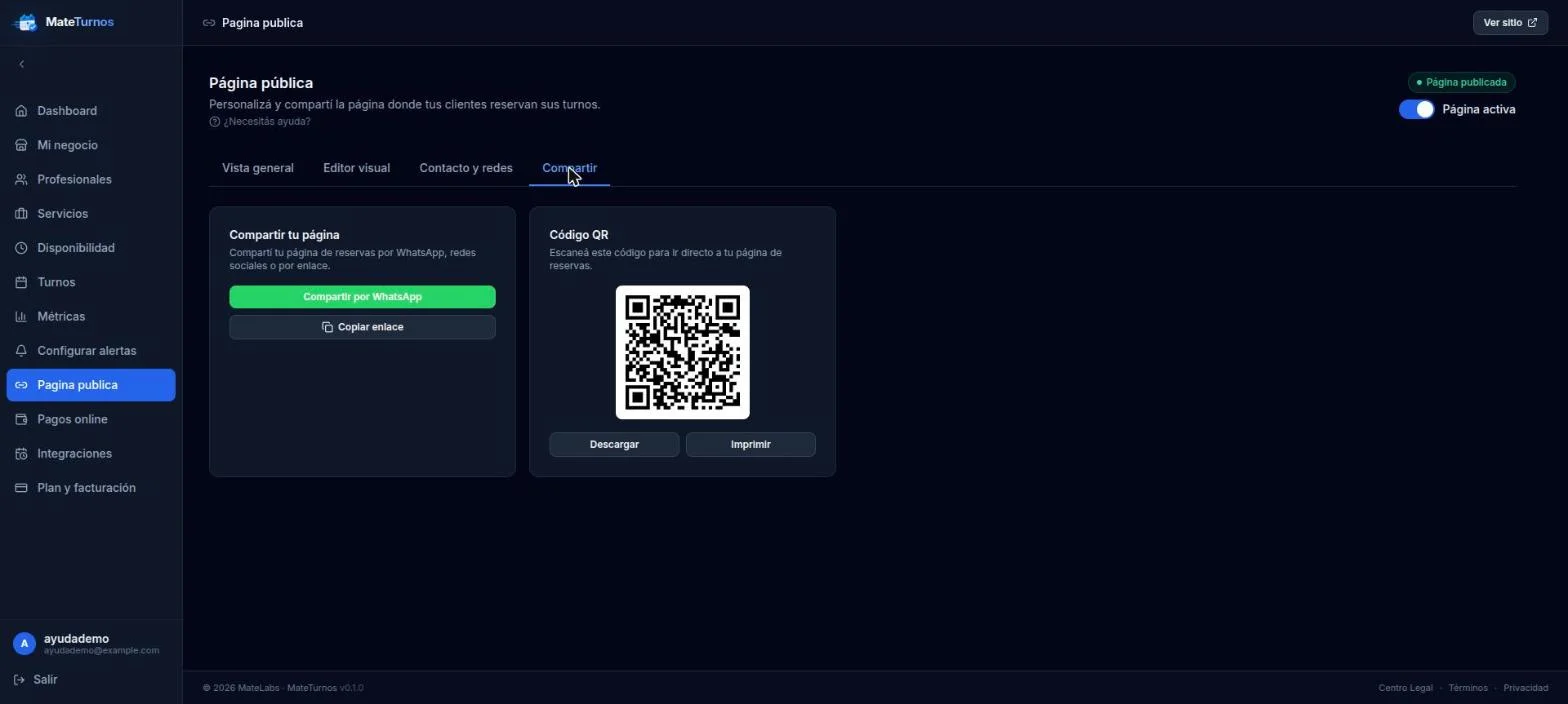 También podés usar "Compartir por WhatsApp" para armar un mensaje con el link ya cargado, listo para enviar.
