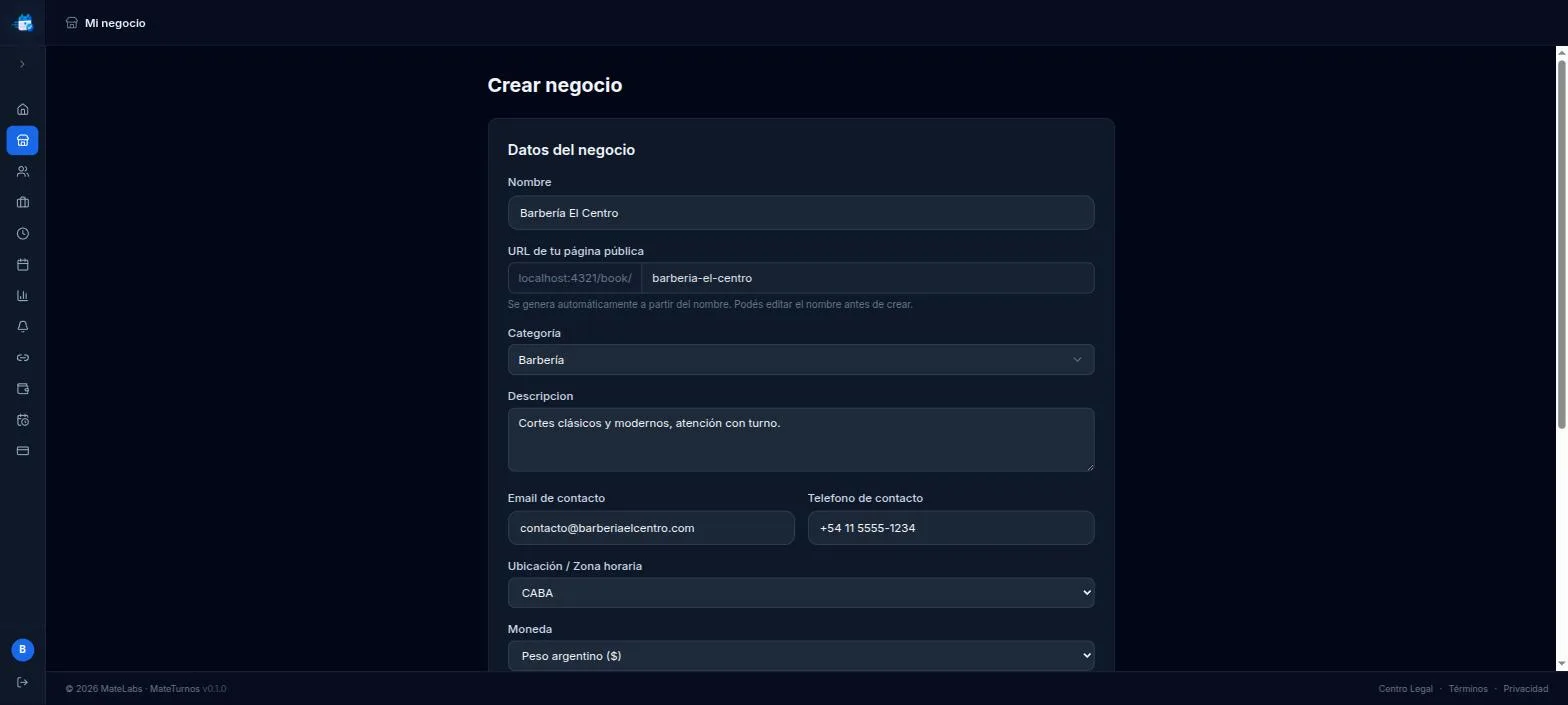 Completá el nombre de tu negocio (esto arma automáticamente la URL de tu página pública), elegí tu categoría, y agregá descripción, contacto y ubicación.