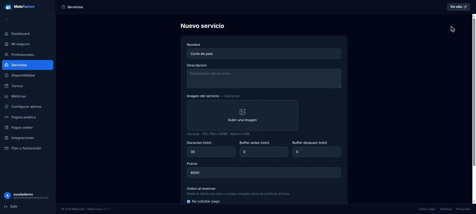 Indicá la Duración en minutos, y si necesitás margen antes o después (Buffer antes / Buffer después) para limpiar, preparar o trasladarte.
