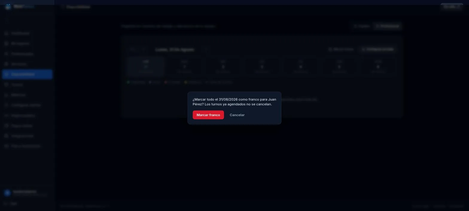 Franco de un día puntual (falta por enfermedad, vacaciones, un feriado): en Disponibilidad, con el profesional seleccionado, hacé click en "Marcar franco", o abrí "Configurar jornada" y usá la sección "Franco de un día puntual" — ahí podés indicar la fecha, un motivo opcional, y si aplica solo a esa persona o a todo el local.